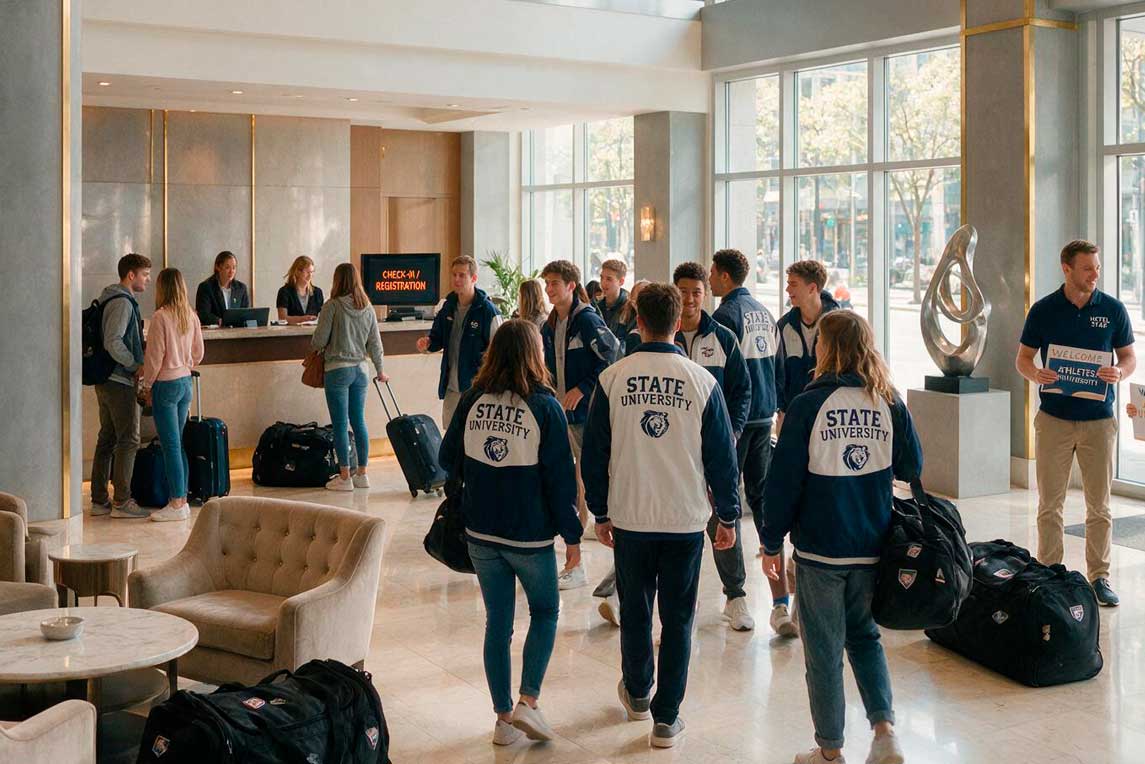 A group of travelers stands in a hotel lobby, surrounded by luggage, engaging in conversation.